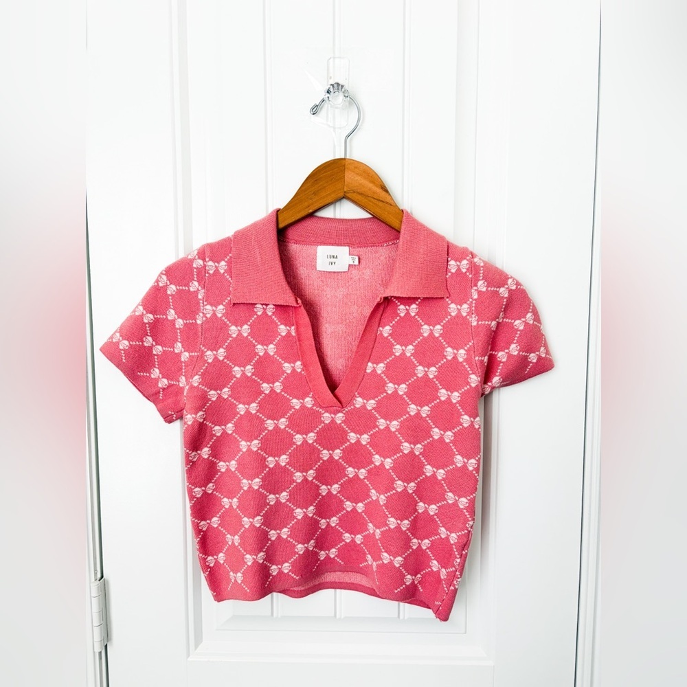Luna Ivy Collared Cropped Short Sleeve Bow Sweater Size Small